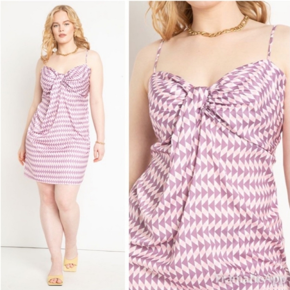 ELOQUII Satin Draped Mini Slipdress Print Triangle Pink/White Plus Size 16